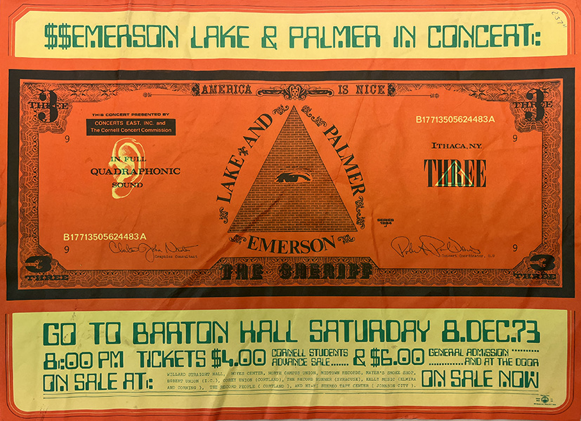 1973-12-08 Emerson Lake and Palmer concert poster found in Cornell's rare and manuscript collection, Kroch Library at Cornell